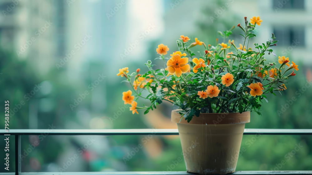 A simple flower pot with blooming flowers, with a blurred urban balcony - obrazy, fototapety, plakaty 