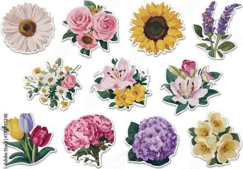 Set of ten lovely chic flower vector custom stickers on a white background photo