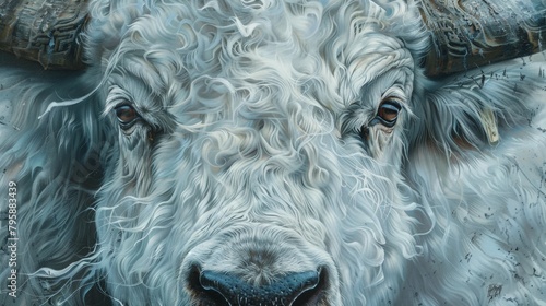 White cow with horns and long hair