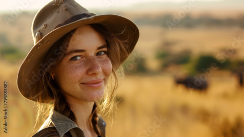 This image features a young woman on an African safari, dressed for adventure with blurred wildlife in the backdrop.