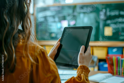 A teacher controlling classroom conditions with a smart tablet