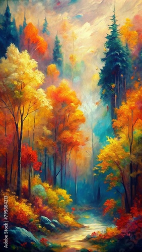 Oil painting of autumn landscape with trees illustration © piang