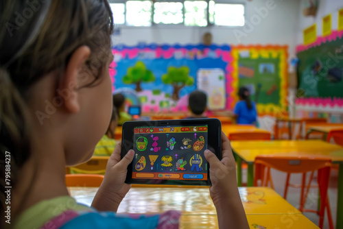 A teacher controlling classroom conditions with a smart tablet
