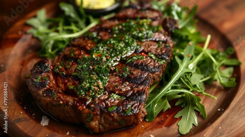 Steak on wooden plate with greens and lemon