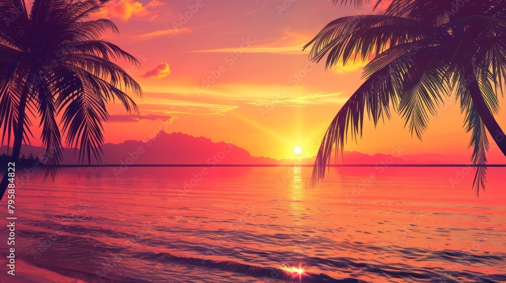 Coconut palm tree silhouette beach golden light sunset view.