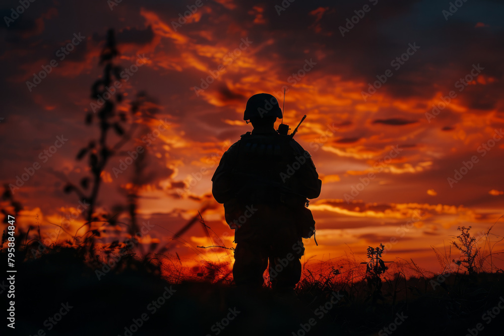 Minimalistic shot of a soldier's silhouette against a fiery sunset. 