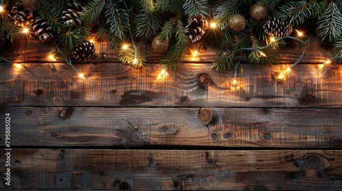 Christmas lights on wooden backdrop with pine cones and fir branches photo