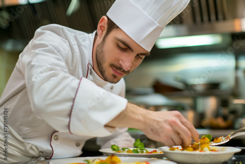 Portrait of a male chef in a bustling restaurant kitchen  passionately creating a dish