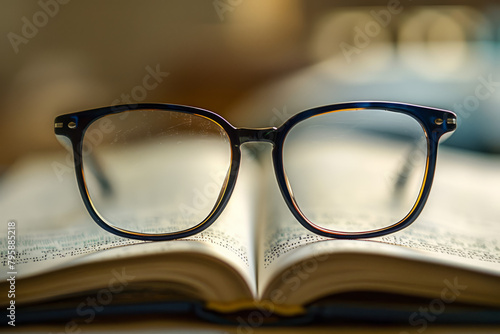 A Pair of Black Rimmed Glasses on an Open Book.