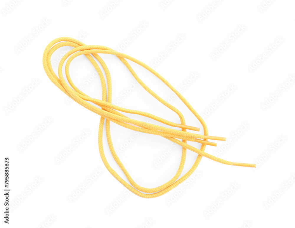 Stylish yellow shoe laces isolated on white, top view