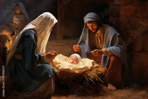 The Nativity night depicts the birth of Jesus Christ, a pivotal event in Christianity, set in a humble stable in Bethlehem. photo