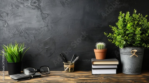 Shot of a businessman's desk with various office supplies, including an organizer, pens, glasses, and a green plant, on a dark background with plenty of copy space.