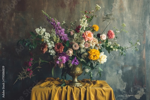 Medieval style colorful flowers vase on table with dark yellow tablecloth painting plant rose.