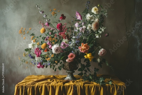 Medieval style colorful flowers vase on table with dark yellow tablecloth painting plant rose.