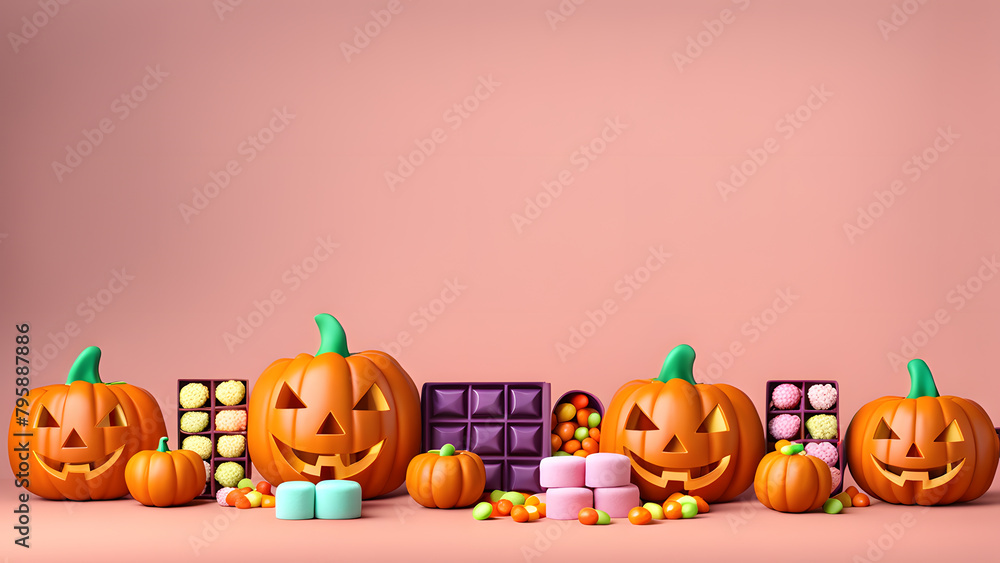A row of pumpkins and chocolate bars are displayed on a pink background A row of pumpkins and chocolate bars are displayed on a pink background