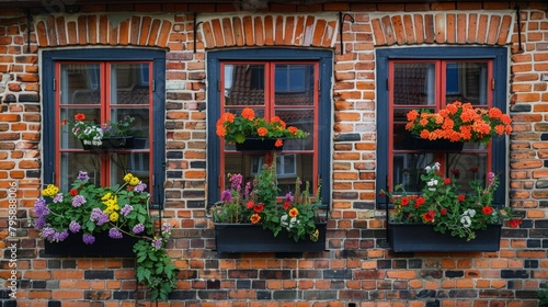 Many flowers adorn window boxes of brick building