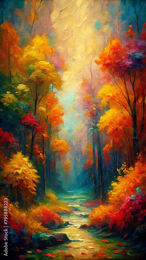 Oil painting of autumn landscape with trees illustration