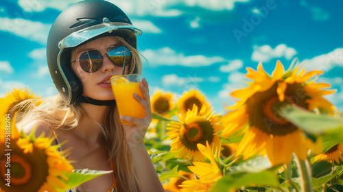 Blond model girl wearing black sunglasses and a motorcycle helmet enjoying a glass of orange juice in a vibrant field full of sunflowers