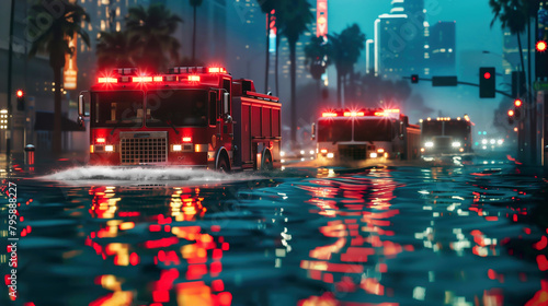 Fire trucks moving on the flooded downtown street responding on emergency call during severe stormy and rainy weather