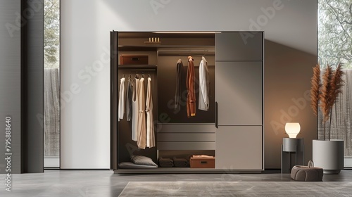 Minimalist luxury cabinet, emphasizing clean lines and organized clothes storage for modern living