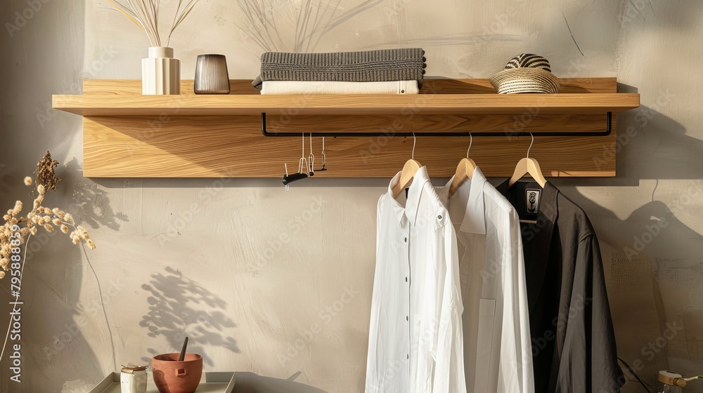 Minimalist wooden shelf, sleek and functional, ideal for modern clothes storage solutions