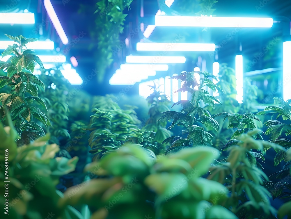 Obraz premium Lush Indoor Greenhouse with Thriving Green Vegetation and Advanced Lighting