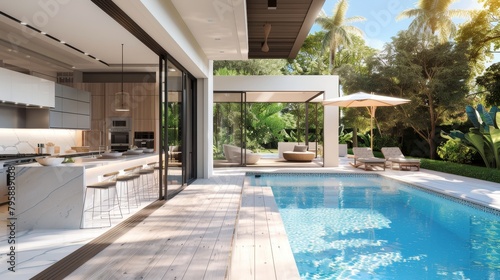 Modern home luxury, a kitchen with state-of-the-art appliances, flowing into an outdoor pool area photo