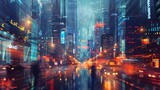 Vibrant Nighttime Cityscape with Blurred Lights and Traffic in Modern Metropolis
