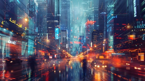 Vibrant Nighttime Cityscape with Blurred Lights and Traffic in Modern Metropolis