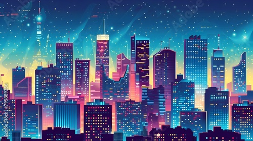 Illuminated Futuristic City Skyline with Towering Skyscrapers and Neon Lights at Night