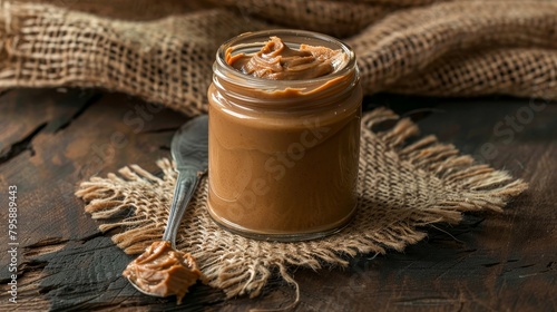 Rich, creamy peanut butter in a glass jar, served with a spoon on a rustic dining table