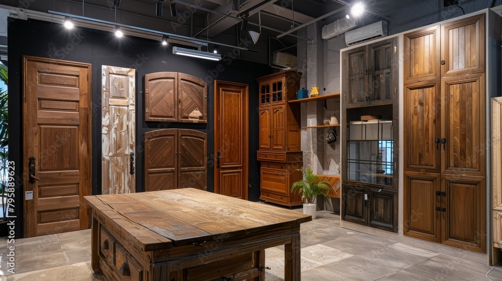 Showcase of high-end wood cabinet doors, from glossy modern to weathered vintage, in a market setting