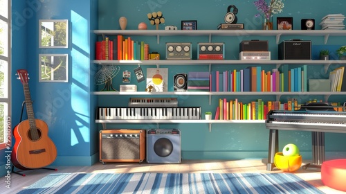 Shelves stocked with colorful music files and instruments, creating a cheerful ambiance in a music room