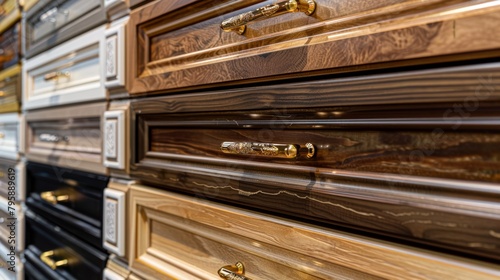 Showcase of exclusive wood cabinet door samples with gleaming golden handles, a touch of class for any kitchen