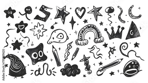 Playful Doodle Patterns and Drawn Symbols in Black and White photo