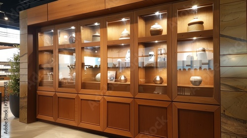 Sleek, modern cabinet doors with a high-end wood finish, beautifully arranged in a market showcase