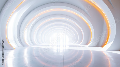 Abstract white tunnel room with wave lines pattern, 3D illustration. 