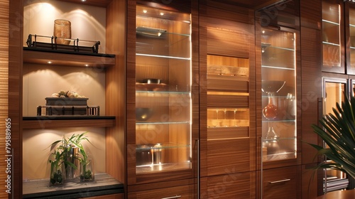 Sleek, modern cabinet doors with a high-end wood finish, beautifully arranged in a market showcase