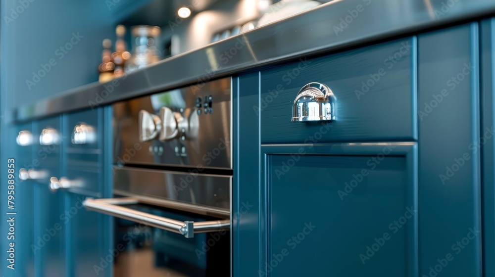 Sophisticated blend of luxury and nostalgia: Blue cabinet doors with stainless steel features in a close-up view Sophisticated blend of luxury and nostalgia: Blue cabinet doors with stainless steel features in a close-up view