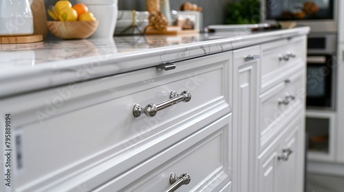 Sophisticated white kitchen cabinet doors with stainless handles, perfect for a luxury market display