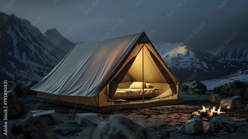 Cozy Illuminated Tent Nestled in Serene Snowy Mountain Landscape