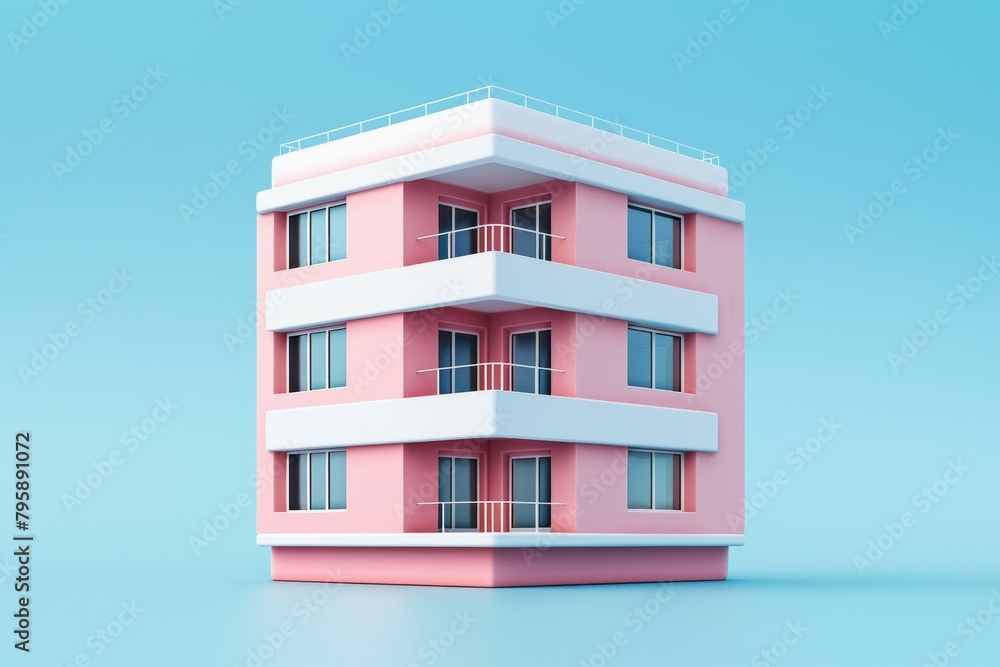 A pink building with three stories and a balcony