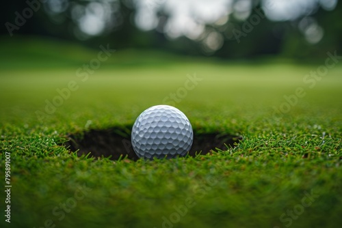A golf ball is sitting in a hole on a green grass field