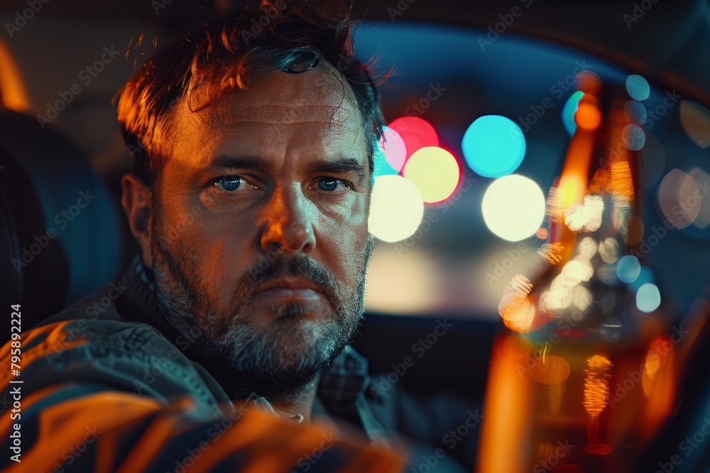 A man driving with a bottle of alcohol. Drunk driving concept. Background with selective focus and copy space A man driving with a bottle of alcohol. Drunk driving concept. Background with selective focus and copy space