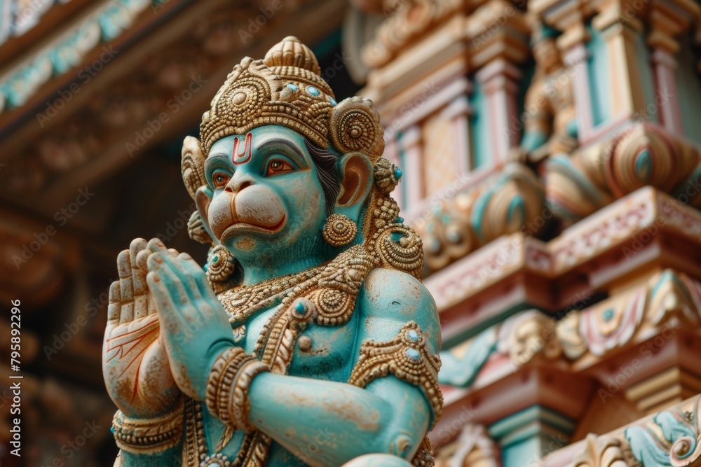 A statue of a blue and gold figure of a god with a hand raised in a prayer A statue of a blue and gold figure of a god with a hand raised in a prayer