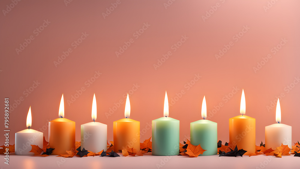 A row of candles with orange, green, and white candles A row of candles with orange, green, and white candles