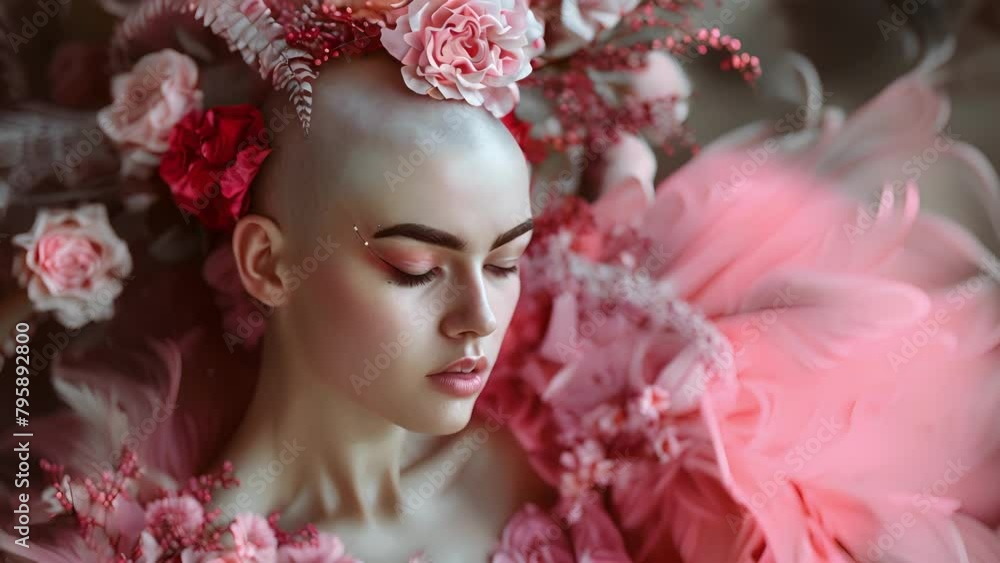 In a whimsical and dreamy setting a feminine figure with a shaved head and bold dark eyebrows poses gracefully donning an elaborate headdress adorned with flowers and feathers. Her . In a whimsical and dreamy setting a feminine figure with a shaved head and bold dark eyebrows poses gracefully donning an elaborate headdress adorned with flowers and feathers. Her .