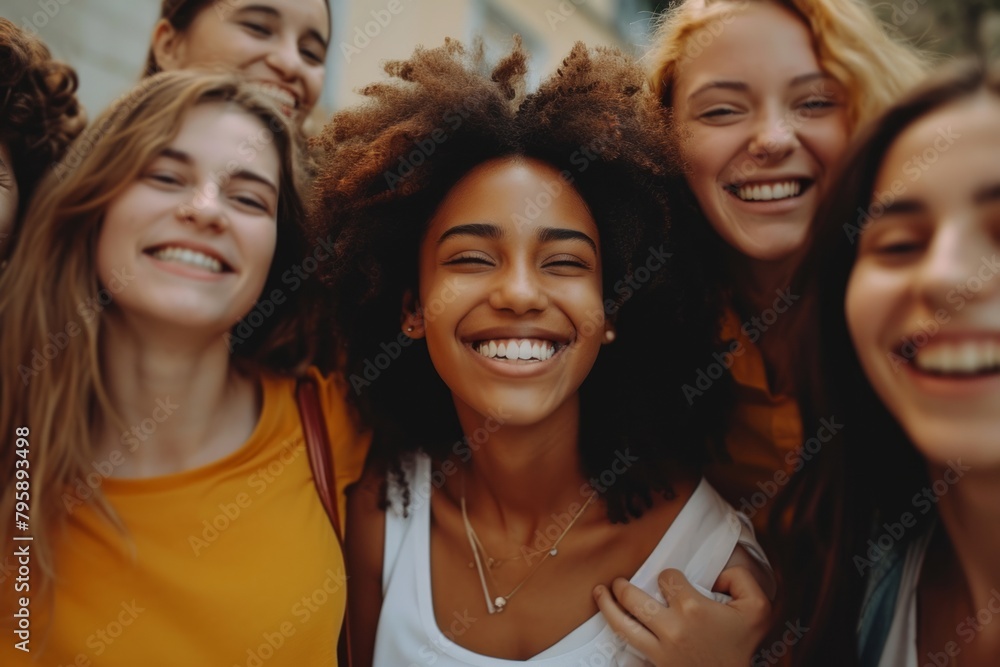 Group of diverse young people standing in a row on a city street Group of diverse young people standing in a row on a city street