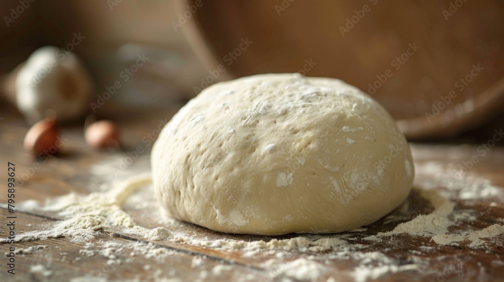 Dough on wooden surface with bowl in background