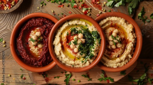 Three bowls of hummus and chickpeas with herbs on a wooden table